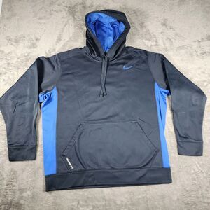 Nike Mens XL Black Blue Therma-Fit Pullover Hoodie Sweatshirt Swoosh Y2K Retro